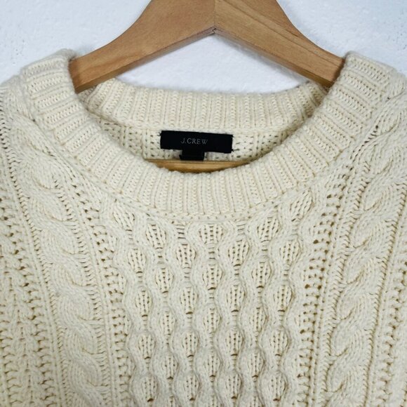 JCREW Cream Oversize Wool Blend Cable knit Fringe Asymmetrical Sweater Size: XS - Picture 6 of 13